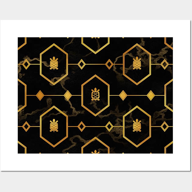 Gold Turtle Pattern on Dark Marble Wall Art by knitetgantt